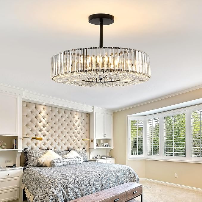 Piepooye 8 Lights Modern Large Crystal Chandelier Black Round Semi Flush Mount Ceiling Light Fixture Farmhouse Chandelier for Dinning Room Living Room Bedroom Hallway Entryway Kitchen