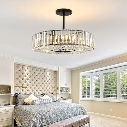 Piepooye 8 Lights Modern Large Crystal Chandelier Black Round Semi Flush Mount Ceiling Light Fixture Farmhouse Chandelier for Dinning Room Living Room Bedroom Hallway Entryway Kitchen
