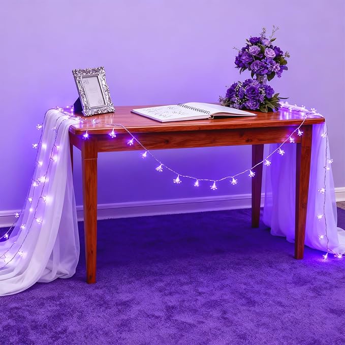 JACUXLSS Decorative Flower String Lights, 33ft 100 LED Clear Wire Plug in Fairy Lavender Cherry Blossom Easter Christmas Hanging Decorations, Violiet Wedding Party Indoor Outdoor Decorations (Purple)