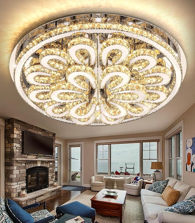 40'' Modern Chandeliers for Living Room Crystal Large Chandelier Ceiling Light Fixture LED Dimmable with Remote Pendant Lighting Flush Mount Lighting for Dining Room Bedroom Silver