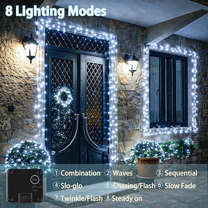 Extra-Long Solar String Lights Outdoor, 2-Pack 200LED Solar Fairy Lights for Outside Waterproof, Silver Wire 8 Modes Solar Powered Twinkle Lights for Tree Garden Party Xmas Wedding Decor (Cool White)