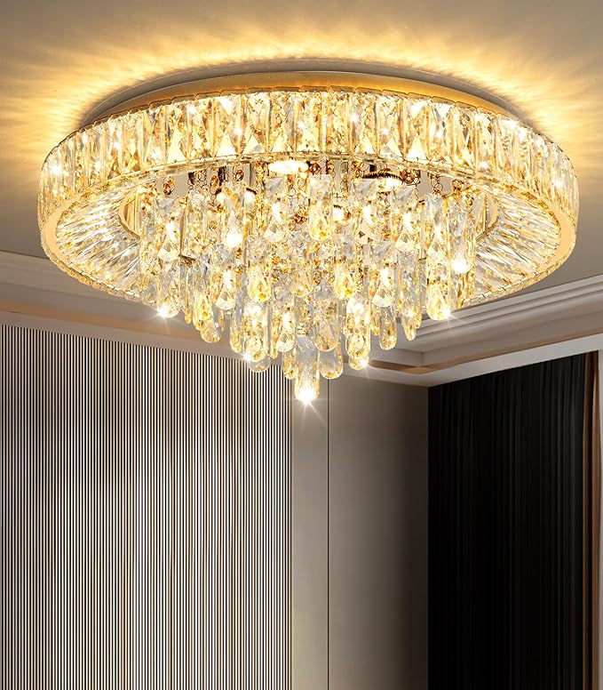 23.6" Modern Crystal Chandeliers LED Dimmable Flush Mount Ceiling Chandeliers for Living Room Entrance Foyer Bedroom Gold