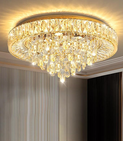 23.6" Modern Crystal Chandeliers LED Dimmable Flush Mount Ceiling Chandeliers for Living Room Entrance Foyer Bedroom Gold