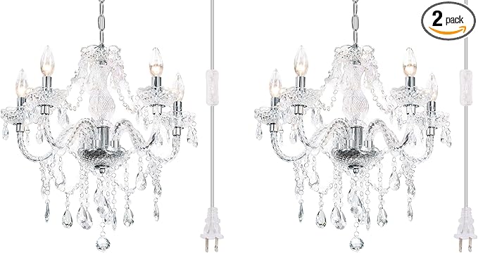 2PCS Plug-in 5 Light Crystal Hanging Pendant Lights Acrylic Chandelier with Clear Cord & On/Off Switch H19 D19.7 for Kitchen Island Girls' Room Dining Area Laundry Pavilion