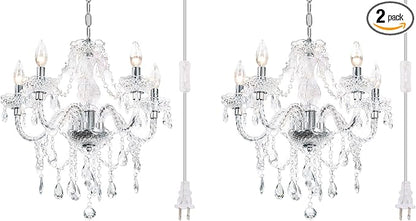 2PCS Plug-in 5 Light Crystal Hanging Pendant Lights Acrylic Chandelier with Clear Cord & On/Off Switch H19 D19.7 for Kitchen Island Girls' Room Dining Area Laundry Pavilion