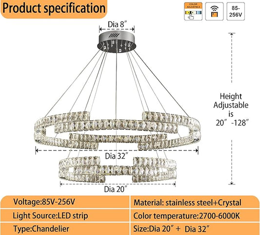D32''+D20'' Modern 2 Ring Crystal Chandelier for Living Room Dining Room Ring Pendant Light Foyer Entrance Chandeliers LED Dimmable 3000-6000K