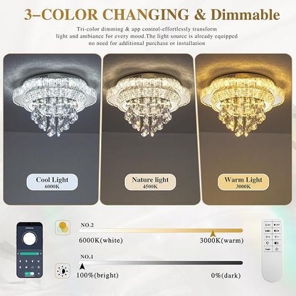 18" Sliver Crystal LED Ceiling Light with Remote Control,Flush Mount Chandelier with 3-Color Dimmable for Living Room Bedroom Dining Room Hallway - Modern Flower Design