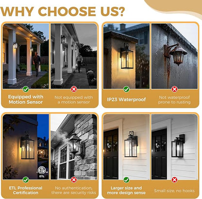 DORESshop Large Size Motion Sensor Outdoor Wall Lights, 16 Inch Matte Black Waterproof Anti-Rust Outdoor Light Fixtures Wall Mount with Clear Glass Shade for Porch, Garage, ETL Listed, 2 Pack