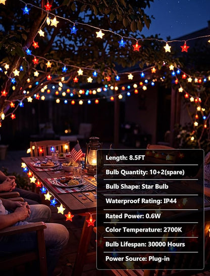8.5Ft Red White and Blue Lights, 4th of July String Lights Plug in with 10 Five Star LED Bulbs, Fourth of July Decorations for Independence Day Patriotic Party, White Wire