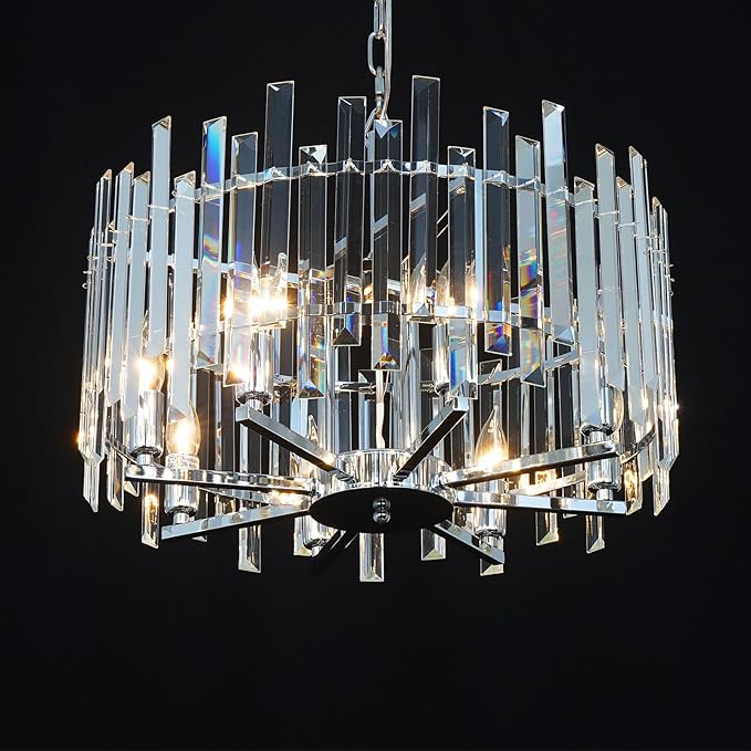 Chrome Crystal Chandeliers for Dining Room, 20" Modern Raindrop Round Pendant Ceiling Lights Fixture Living Room Entryway Bedroom 8 Light