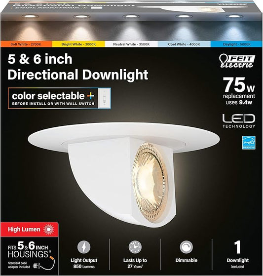 Feit Electric 5-6 inch LED Directional Recessed Downlight, 9.4W (75W Equivalent), 2700K–5000K Selectable Colors, Dimmable, 850 Lumen, 50,000-Hour Lifetime, LEDR56SCP/6WYCA