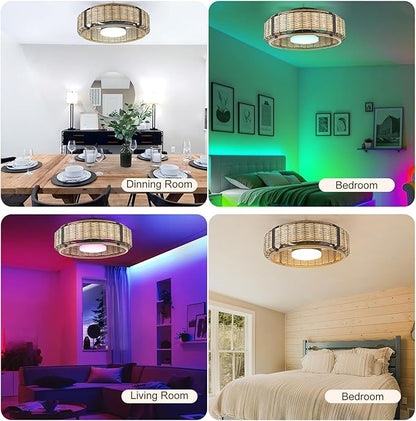 Ganeed 20" Bamboo LED Dimmable Ceiling Fan with Light and Remote Control, Boho Rattan Caged Ceiling Fans with Lights 6 Speed/Timer/RGB Flush Mount Fandelier for Kitchen Living Room Indoor Bedroom