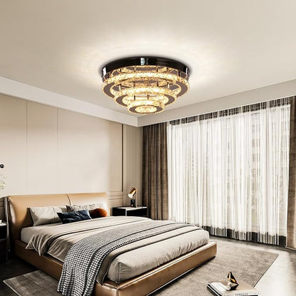 Modern LED Crystal Chandeliers 3-Tier Flush Mount Ceiling Light Fixture Round LED Crystal Chandelier Light for Bedroom Bathroom Kitchen Office(Warm White)