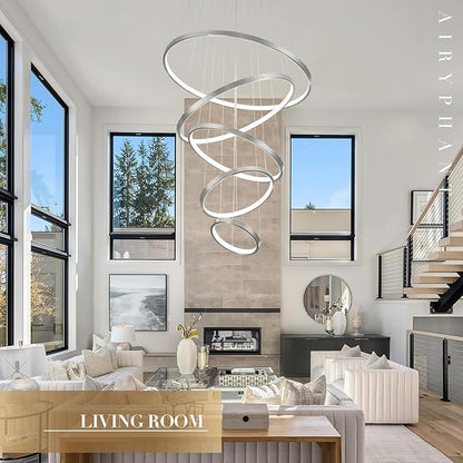 5 Rings Brushed Nickel Ring Chandeliers Moedrn LED Chandeliers Dimmable Foyer Chandelier for High Ceiling Dimmable Contemporary Nickel Chandelier for Living Room Staircase Entryway, 3000K-6500K