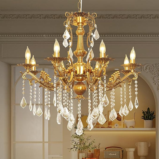 Luxury Copper Crystal Chandelier, 30" Vintage K9 Crystal Pendant Light with 8 Lights, Antique Brass Finish Ceiling Light Fixture with Scrolled Arms for Dining Room Living Room Foyer Villa Hotel