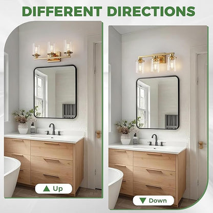 DORESshop 20 Inch Bathroom Light Fixtures, 3-Light Brass Bathroom Lighting Fixtures Over Mirror with Clear Glass Shade, Vanity Lights for Living Room Bedroom, ETL Listed