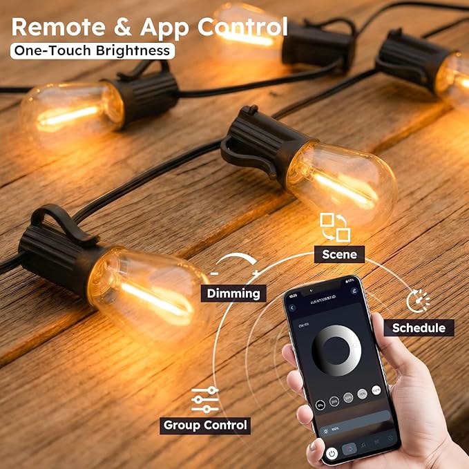 GvvooHome 50FT Outdoor String Light with S11 Plastic Bulbs, Low-Voltage LED Patio Lights with App & Remote, Music Sync, 4 Lighting Modes, Dimmable & Waterproof for Backyard, Porch, Garden, Deck, Party