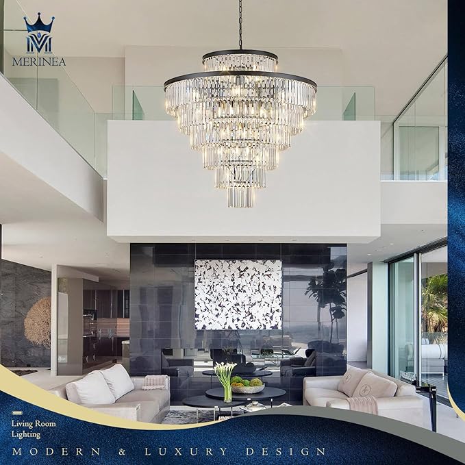 Large 40" Black Crystal Chandelier 28 Lights Modern Round Chandeliers for Staircase Luxury 7-Tier K9 Crystal Ceiling Pendant Light Fixture for High Ceiling Living Room Foyer