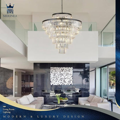 Large 40" Black Crystal Chandelier 28 Lights Modern Round Chandeliers for Staircase Luxury 7-Tier K9 Crystal Ceiling Pendant Light Fixture for High Ceiling Living Room Foyer