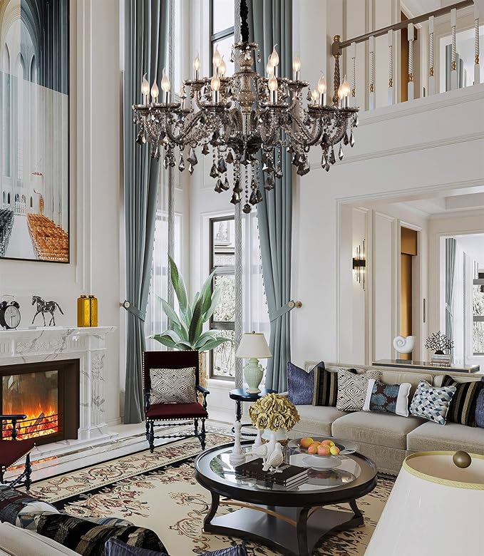 Modern Luxury K9 Crystal Chandelier 18 Light Large Smoky Gray Crystal Chandelier Lighting 39.5" E12 Crystal Pendant Light Fixtures for Living Room, Stair,Store (Double Layer 12+6 Lights)
