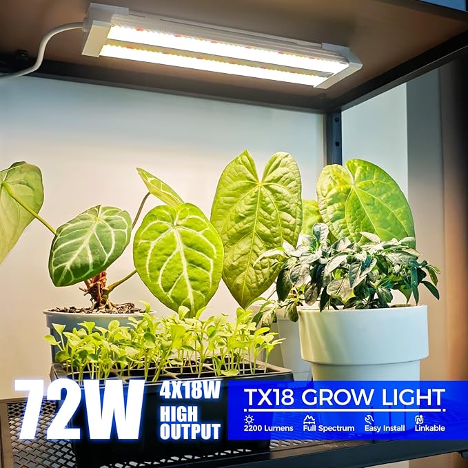 Barrina TX18 1FT LED Grow Light, 72W(4 x 18W, 360W Equivalent), High PPFD, Full Spectrum with 660nm Red LED, Hang Grow Light from Seed to Flower with On/Off Switch, Mechanical Timer, Linkable, 4 Packs