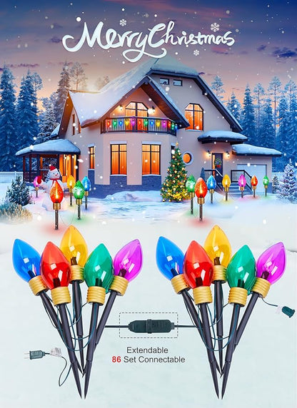 4 Pack Jumbo C9 Christmas Pathway Lights Outdoor - Total 34FT 20 LED C9 Christma Walkway Light, Multicolor Christmas Decoration Outside, Giant Christmas Lights Outdoor for Lawn Holiday Yard