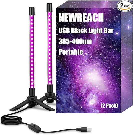 2 Pack USB Black Light Bar, Portable LED Blacklight with Stand, Switch, 5ft Cord for Neon Glow Party Fluorescent Poster Body Paint Desk Lighting Halloween Decor
