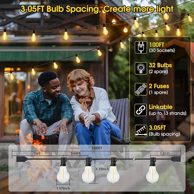 Larkvue 100FT LED Outdoor String Lights, Waterproof Patio Lights with 32 Shatterproof Dimmable 2700K A39 Bulbs Hanging Lighting for Outside Backyard