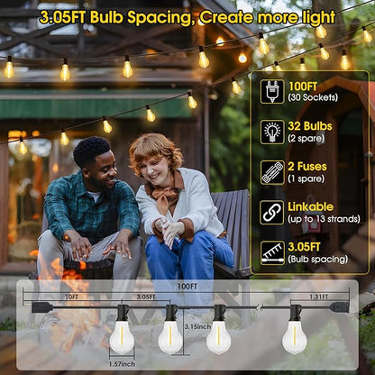 Larkvue 100FT LED Outdoor String Lights, Waterproof Patio Lights with 32 Shatterproof Dimmable 2700K A39 Bulbs Hanging Lighting for Outside Backyard