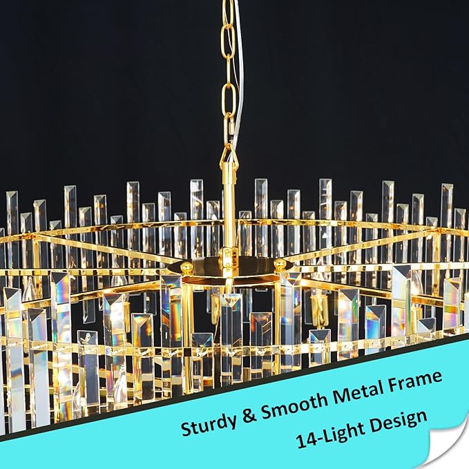 Gold Crystal Chandeliers for Dining Room, 39.4" Modern Round Chandelier Large Adjustable Height Ceiling Hanging Pendant Light Fixture for Dining Living Room Bedroom