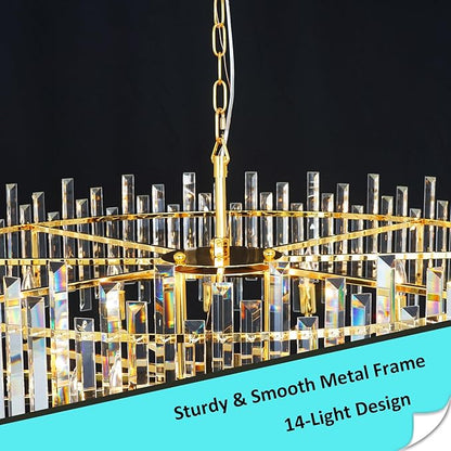 Gold Crystal Chandeliers for Dining Room, 39.4" Modern Round Chandelier Large Adjustable Height Ceiling Hanging Pendant Light Fixture for Dining Living Room Bedroom