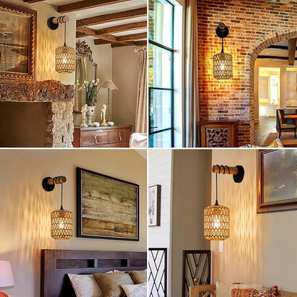 Boho Wall Sconces Set of 2 Rattan Wall Sconce Dimmer Wall Lamp Light Fixtures with Cord Wicker Hanging Wall Mount Light for Bedroom Living Room