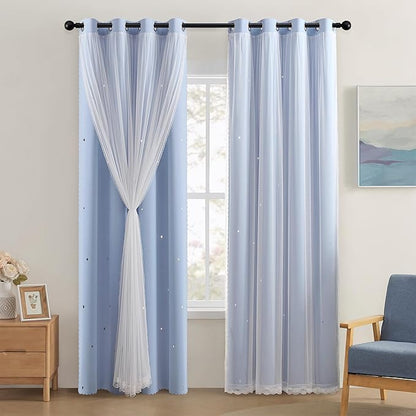 XiDi Light Blue Blackout Curtains for Girls Bedroom Living Room 84 Inches Long 2 Panels Star Curtains Boys Kids Room Darkening Thermal Insulated Drapes Grommet Noise Reduction Window Treatments 34x84