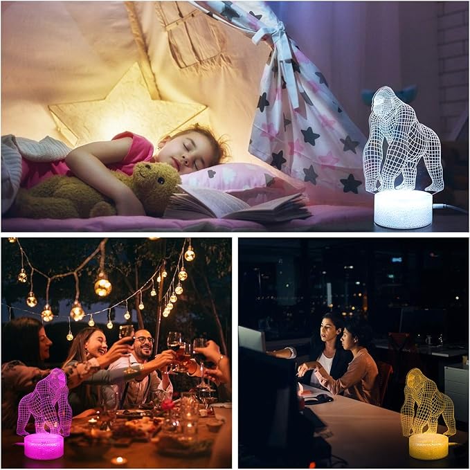 BASSI 3D Gorilla Lamp for Kids, 16 Colors Changing Remote Control 3D Night Light Gorilla Toy - Birthday Christmas Gifts for Boys Girls Age 2 3 4 5 6 7 8 9 Teenages