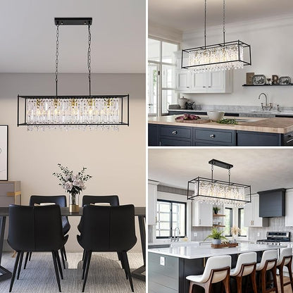 Modern Black Crystal Chandeliers For Dining Room, 36" Large Rectangle Water Ripple Glass Pendant Elegant Linear Lighting for Kitchen Island Dining Room LivingRoom Flat Inclined Ceiling,L36 x W11 x H19