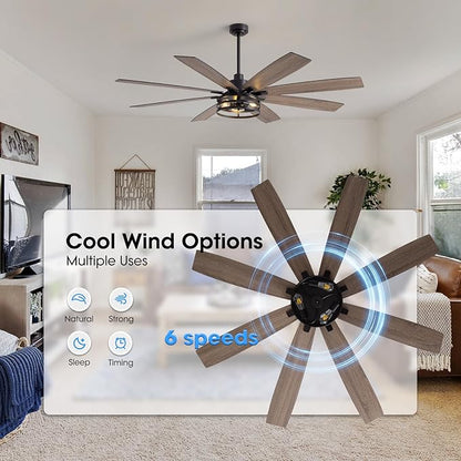 LuminFan 72 inch Large Ceiling Fans with Lights and Remote, Black Modern Ceiling Fan for Living Room, Patios, 6 Speed Reversible Quiet DC Motor, 8 Blades, Easy to Install