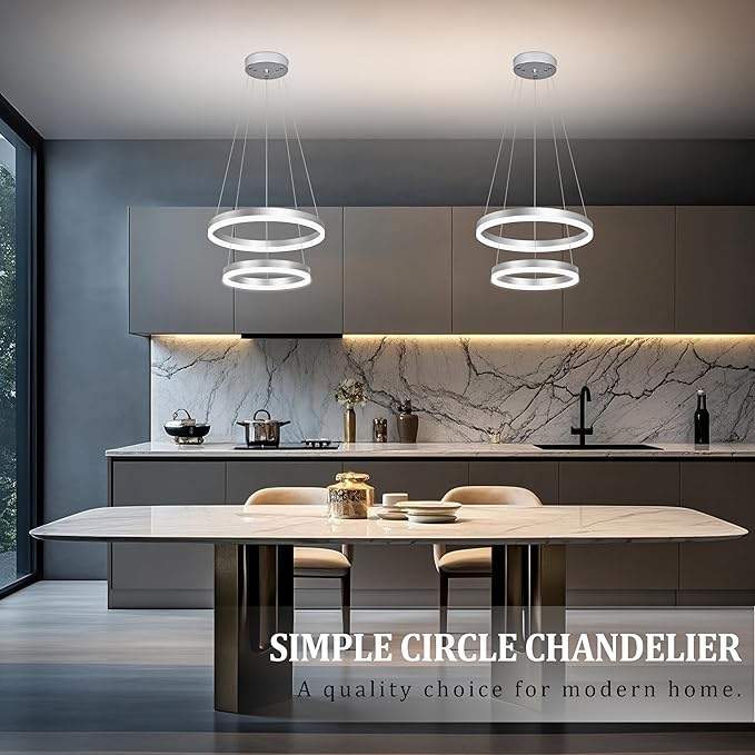 Modern Nickel Led Chandelier 2 Rings Dimmable LED Chandeliers with Remote Control Light Fixture for Kitchen Island Height Adjustable Chandelier Led Pendant Light for Living Room Dining Room