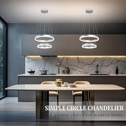 Modern Nickel Led Chandelier 2 Rings Dimmable LED Chandeliers with Remote Control Light Fixture for Kitchen Island Height Adjustable Chandelier Led Pendant Light for Living Room Dining Room