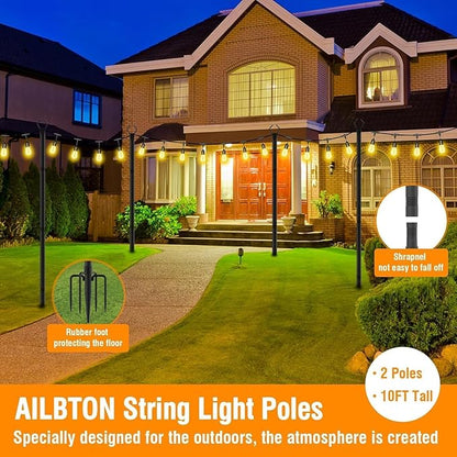 AILBTON 10Ft String Light Poles 10 Pack,Light Poles for Outside Lights,Outdoor with Fence Brackets Hanging Lights,Metal Stand Deck Patio Backyard