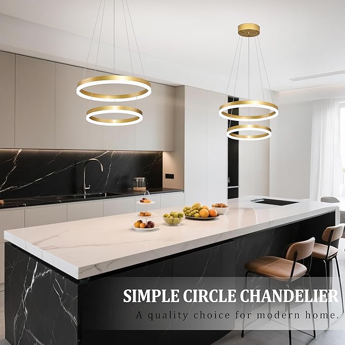 Modern Gold Led Chandelier 2 Rings Dimmable LED Chandeliers with Remote Control Light Fixture for Kitchen Island Height Adjustable Chandelier Led Pendant Light for Living Room Dining Room