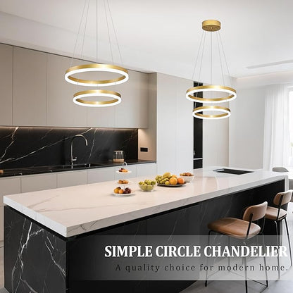 Modern Gold Led Chandelier 2 Rings Dimmable LED Chandeliers with Remote Control Light Fixture for Kitchen Island Height Adjustable Chandelier Led Pendant Light for Living Room Dining Room