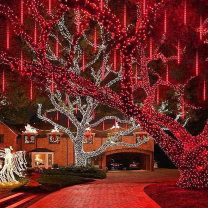 JMEXSUSS Red Solar Christmas Lights Outdoor, 8 Tube 144 LEDs Solar Meteor Shower Rain Lights, Red Twinkle Light for Tree Eaves Fence Christmas Decorations