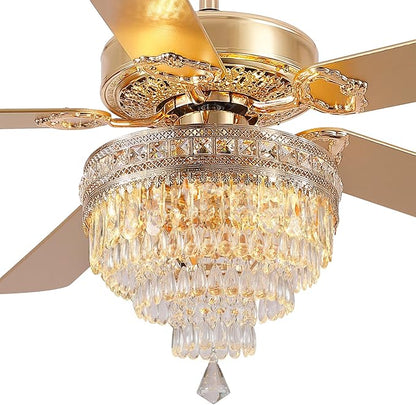 Asyko 62" Golden Crystal Ceiling Fan Fandelier with Lights - Modern Chandelier Fans with Remote Control，Noiseless DC Motor, Retro/Farmhouse Lighting, Dining Room,Living Room