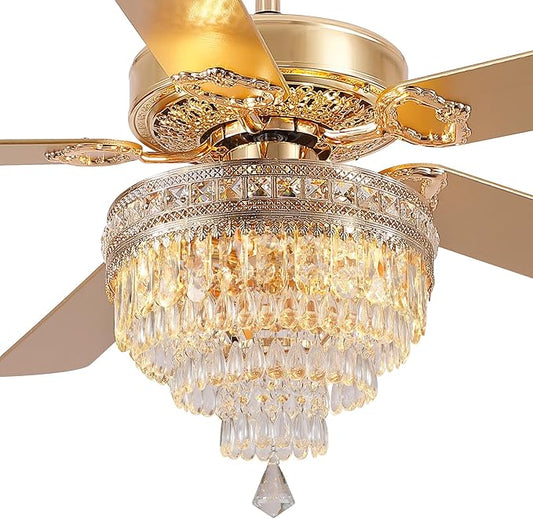 Asyko 62" Golden Crystal Ceiling Fan Fandelier with Lights - Modern Chandelier Fans with Remote Control，Noiseless DC Motor, Retro/Farmhouse Lighting, Dining Room,Living Room