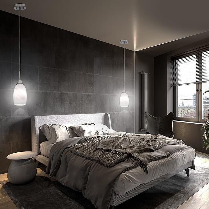 Viinew Mini Glass Pendant Light 1-Light with Handblown White Swirl Art Glass Adjustable Cord Brushed Nickel Finish 4.72" Modern Hanging Pendant Light for Kitchen Dining Room Living