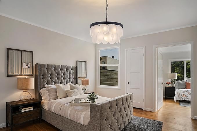 Wellmet Modern Glass Chandelier 22", Black Farmhouse Chandeliers for Dining Rooms, Round Light Fixture with White Frosted Glass Shade for Kitchen Island, Living Room, Bedroom, Hallway