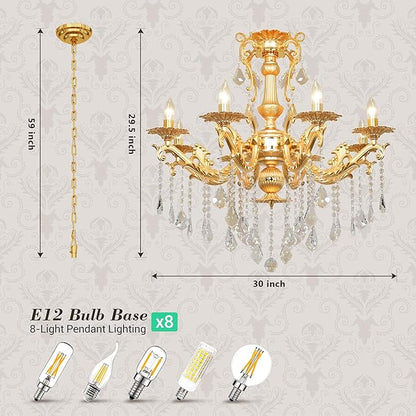 Luxury Gold Crystal Chandelier, 30" Vintage K9 Crystal Pendant Light with 8 Lights, Antique Brass Finish Ceiling Light Fixture with Scrolled Arms for Dining Room Living Room Foyer Villa Hotel