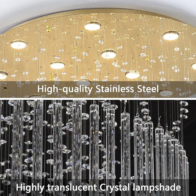 HAIXIANG W32 x H100 Glam Chandelier with LED Bulbs Crystal Raindrop High Ceiling Pendant Light for Entrance Large Villa Chandelier Foyer Lighting Fixtures Gold