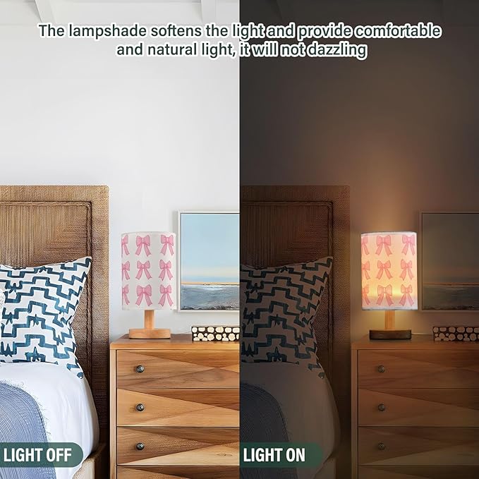 Bedside Table Lamp Cute Pink Bows Nightstand Lamp with Wood Desk Lamps for Bedroom Living Room Nursery Office Home Decor