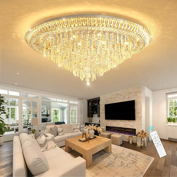Modern LED Crystal Chandelier for Living Room Dimmable Large Ceiling Light Fixture Round Raindrop Chandeliers for Dining Room Entryway Bedroom Foyer Silver